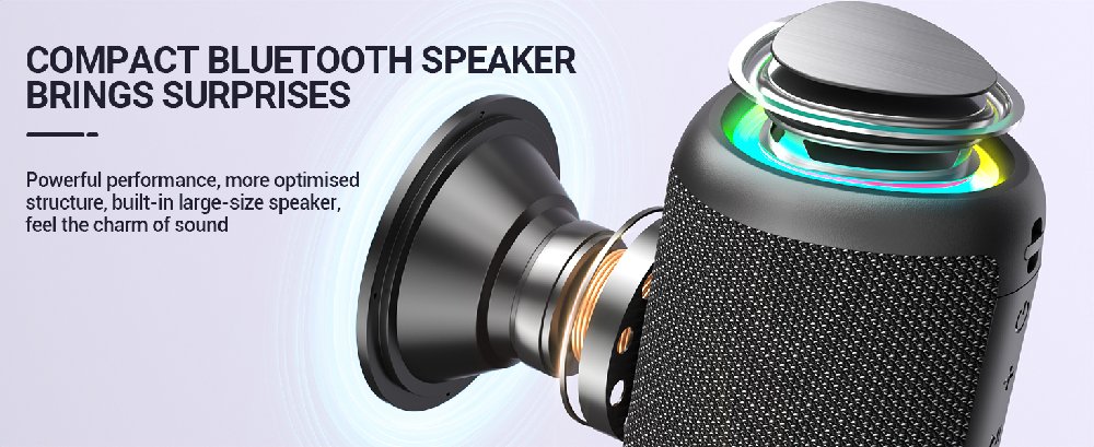 Black compact Bluetooth speaker with large-size driver, metallic accents, and colorful LED lighting. Features a built-in speaker and optimized structure for powerful performance.